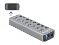 USB Хъб Delock USB 3.2 Gen 1 хъб със 7 порта + 1 порт за бързо зареждане + 1 порт USB-C™ PD 3.0 с превключвател и осветление