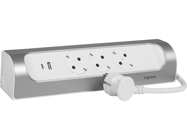 Разклонители Legrand COR, ъглов, шуко, 3X2P+E, USB A+C, 1 м. кабел, бяло/алуминий