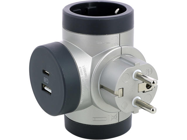 Разклонители Legrand PRE, шуко, 2P+E, 16A, 2 странични гнезда, въртящ се, + USB A+C, сиво/алуминий