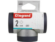 Разклонители Legrand PRE, шуко, 2P+E, 16A, 2 странични гнезда, въртящ се, + USB A+C, сиво/алуминий