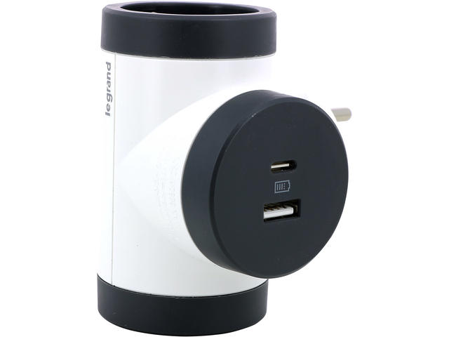 Разклонители Legrand PRE, шуко, 2P+E, 16A, 2 странични гнезда, въртящ се, + USB A+C, бяло/сиво
