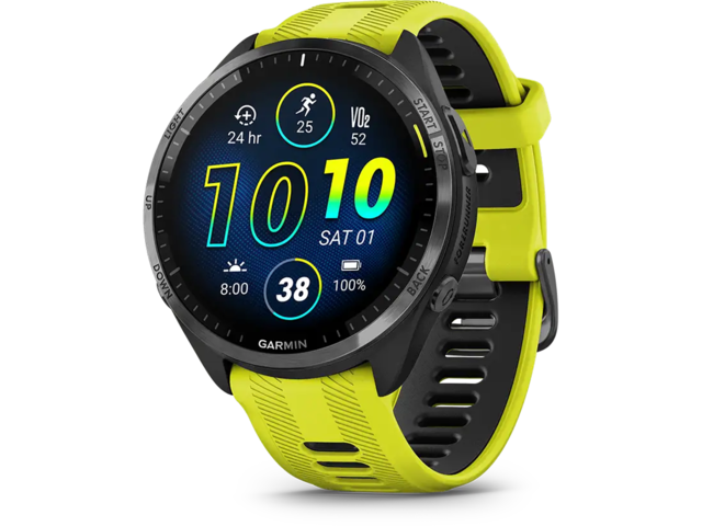 Смарт часовници Garmin Forerunner 965 Carbon Grey DLC Titanium безел/Black корпус и Amp Yellow/Black силиконова каишка