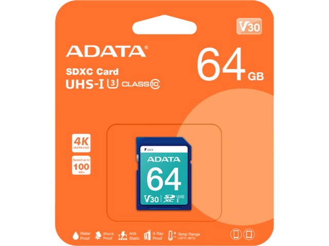 Карти памет 64GB ADATA Premier Pro SDXC UHS-I U3 Class 10 (V30S)