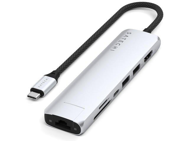 USB Хъб Satechi 7-in-1 USB-C Slim Multiport Adapter with Ethernet - Silver
